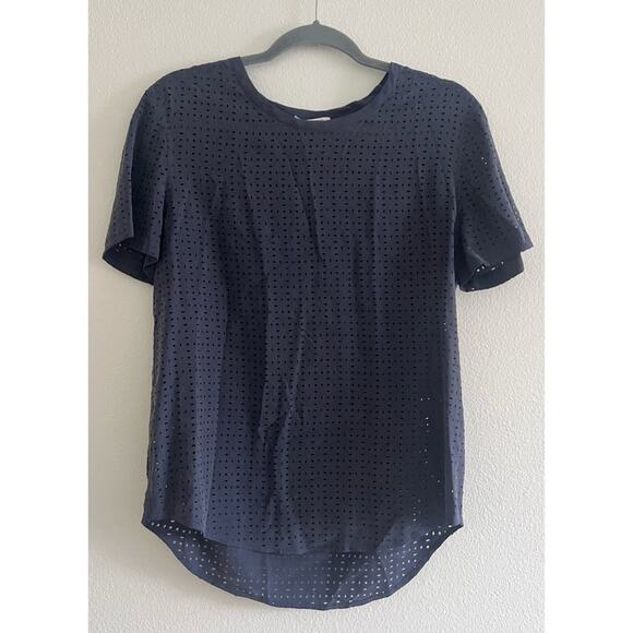 Equipment Femme Navy Blue Silk Perforated Cutout Short Sleeve Blouse XS - Picture 1 of 8